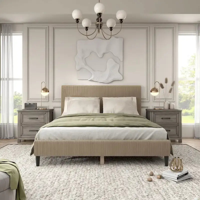Lit plateforme moderne en velours côtelé Furniture of America, format queen, sans sommier requis