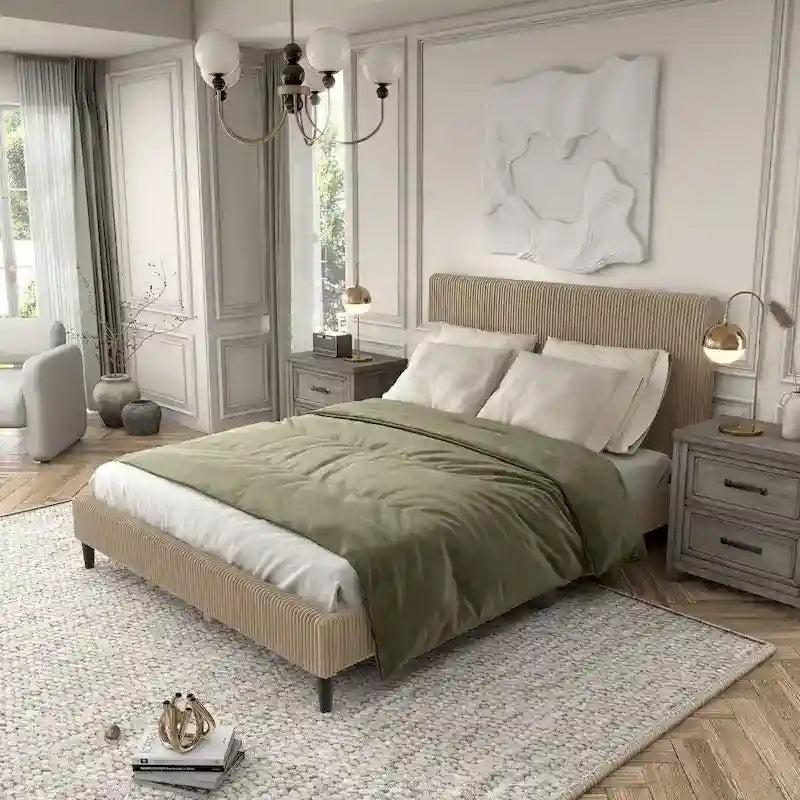 Lit plateforme moderne en velours côtelé Furniture of America, format queen, sans sommier requis