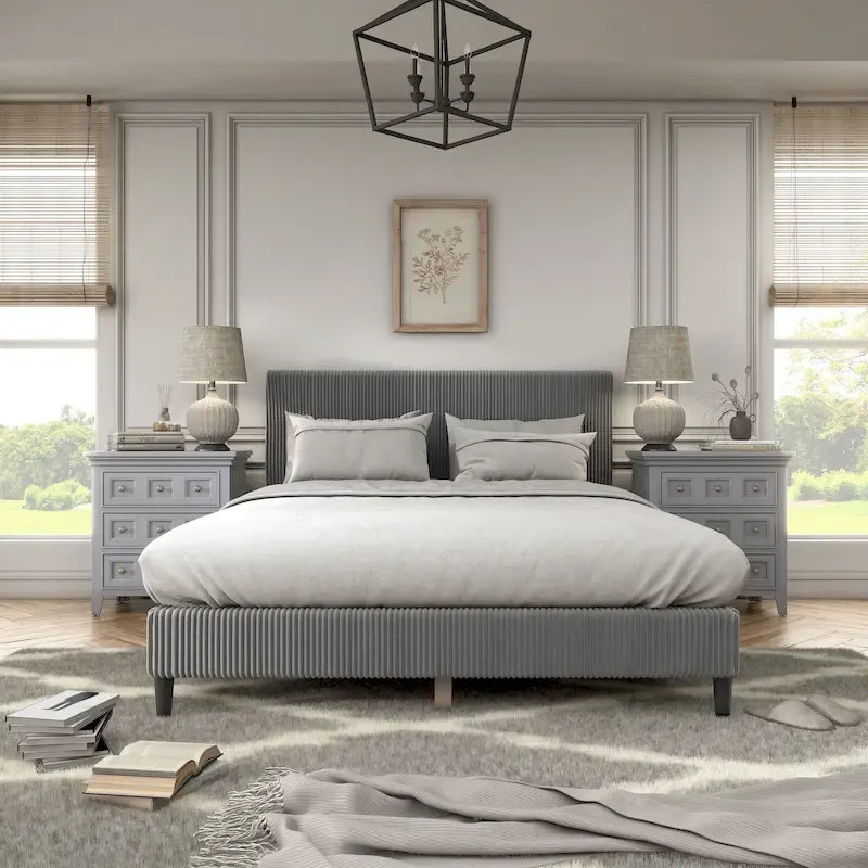 Lit plateforme moderne en velours côtelé Furniture of America, format queen, sans sommier requis