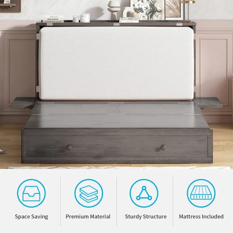 Lit escamotable Mixoy avec méridienne, matelas et plateforme de rangement