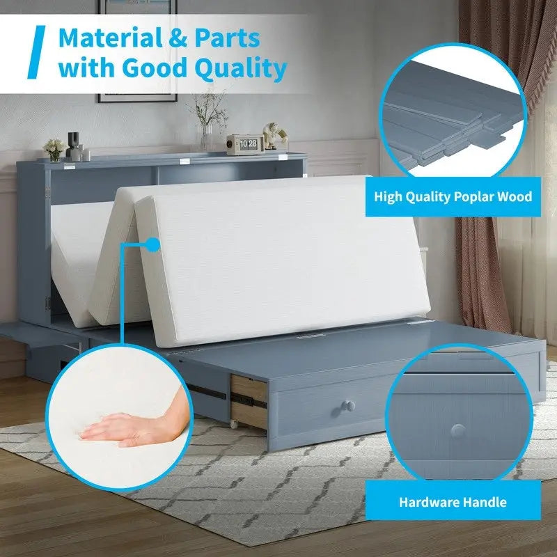 Lit escamotable Mixoy avec méridienne, matelas et plateforme de rangement