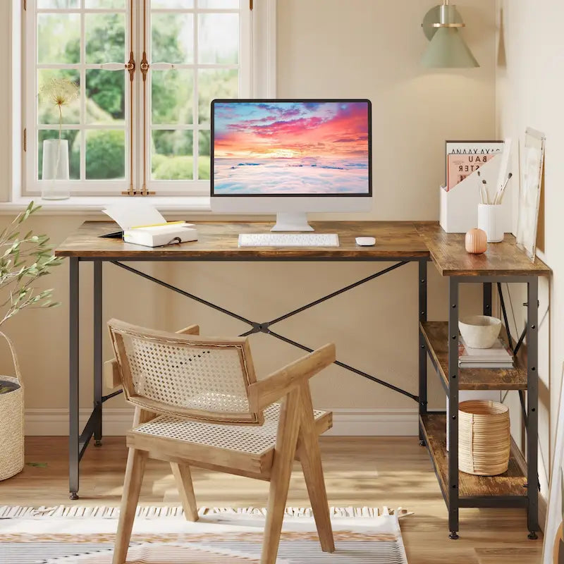 Petit bureau d'angle en forme de L avec étagères de rangement