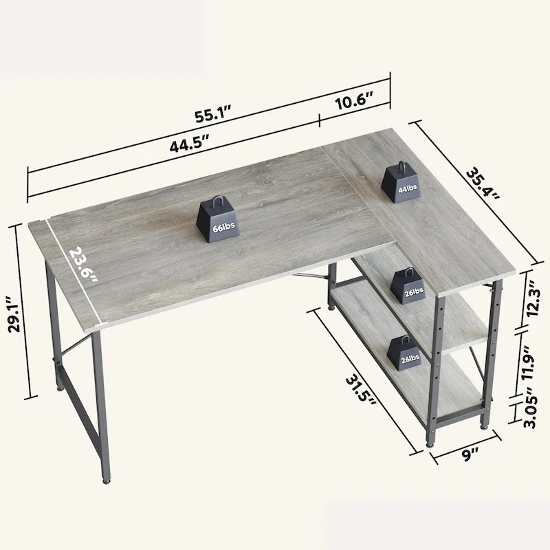 Petit bureau d'angle en forme de L avec étagères de rangement