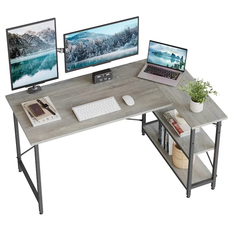 Petit bureau d'angle en forme de L avec étagères de rangement