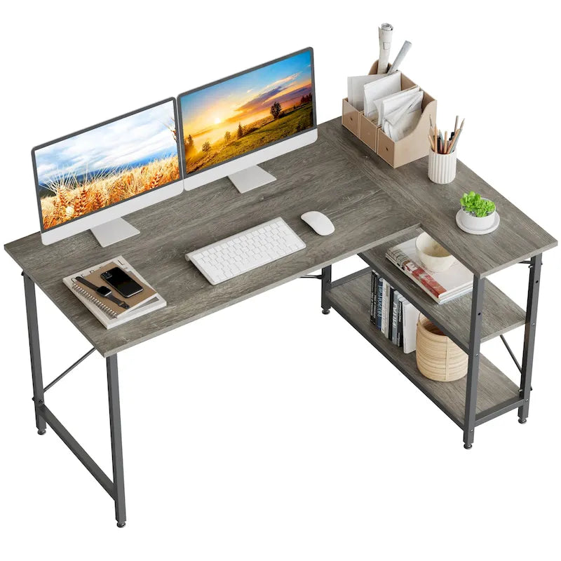 Petit bureau d'angle en forme de L avec étagères de rangement