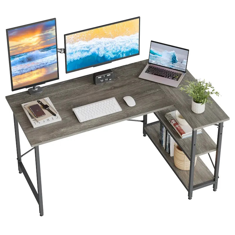 Petit bureau d'angle en forme de L avec étagères de rangement