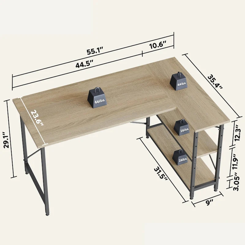 Petit bureau d'angle en forme de L avec étagères de rangement