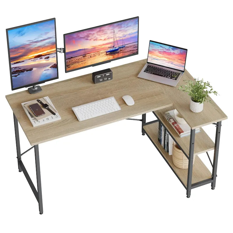 Petit bureau d'angle en forme de L avec étagères de rangement