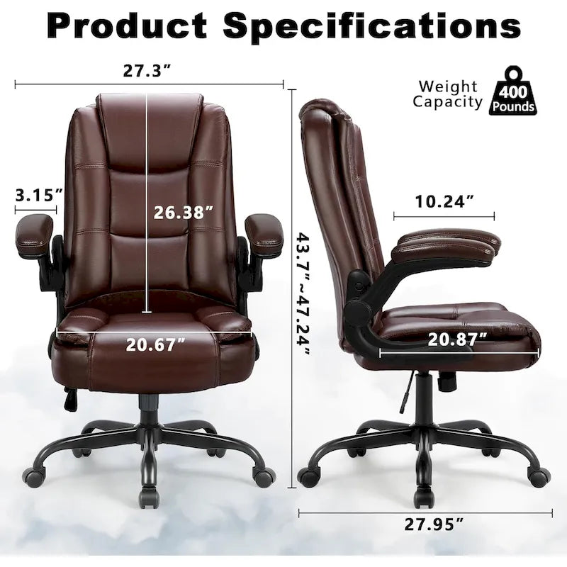 Fauteuil de bureau BOSSIN pour personnes de grande taille, ergonomique, à dossier haut, réglable en hauteur, en cuir, avec accoudoirs rembourrés et relevables.