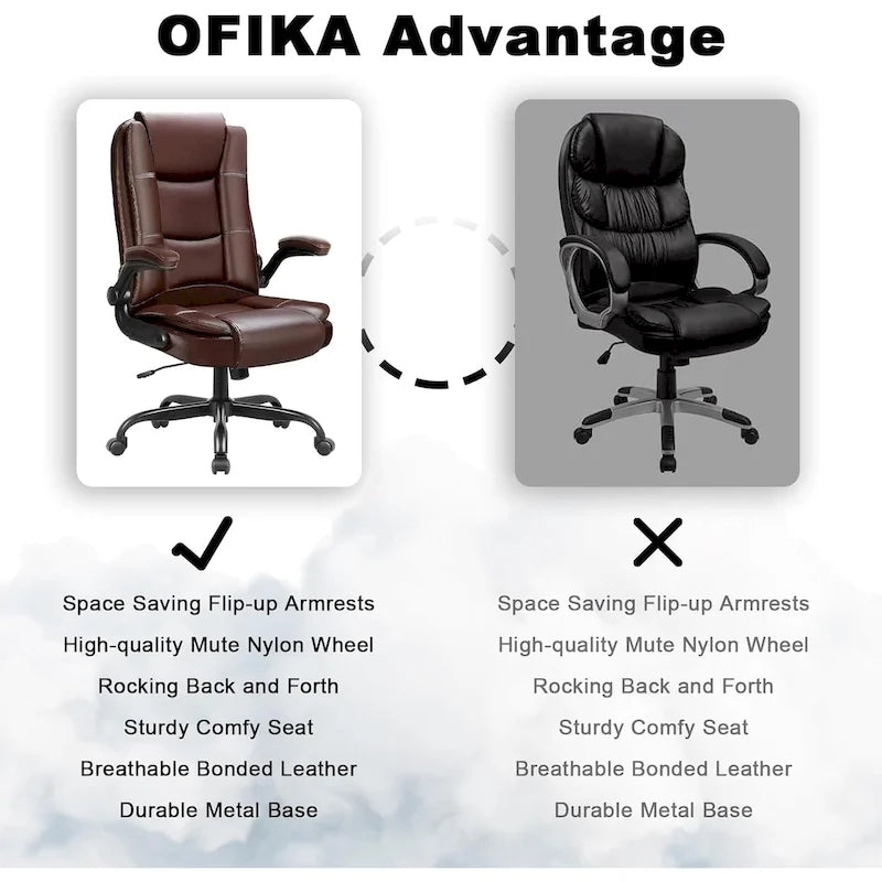 Fauteuil de bureau BOSSIN pour personnes de grande taille, ergonomique, à dossier haut, réglable en hauteur, en cuir, avec accoudoirs rembourrés et relevables.