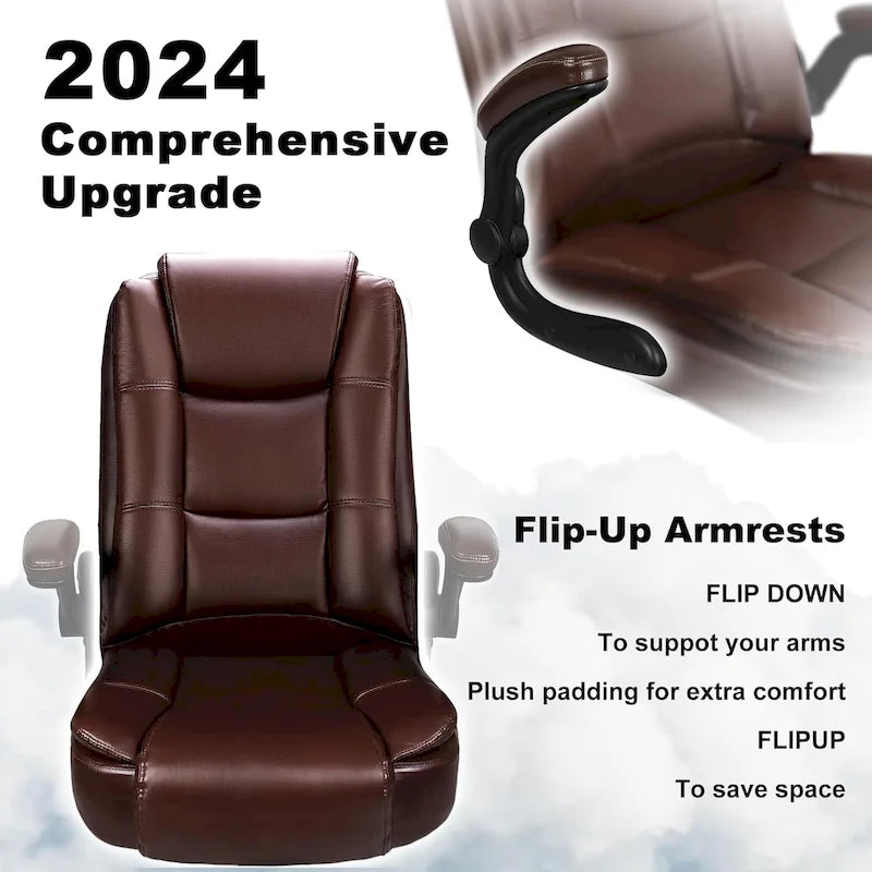 Fauteuil de bureau BOSSIN pour personnes de grande taille, ergonomique, à dossier haut, réglable en hauteur, en cuir, avec accoudoirs rembourrés et relevables.