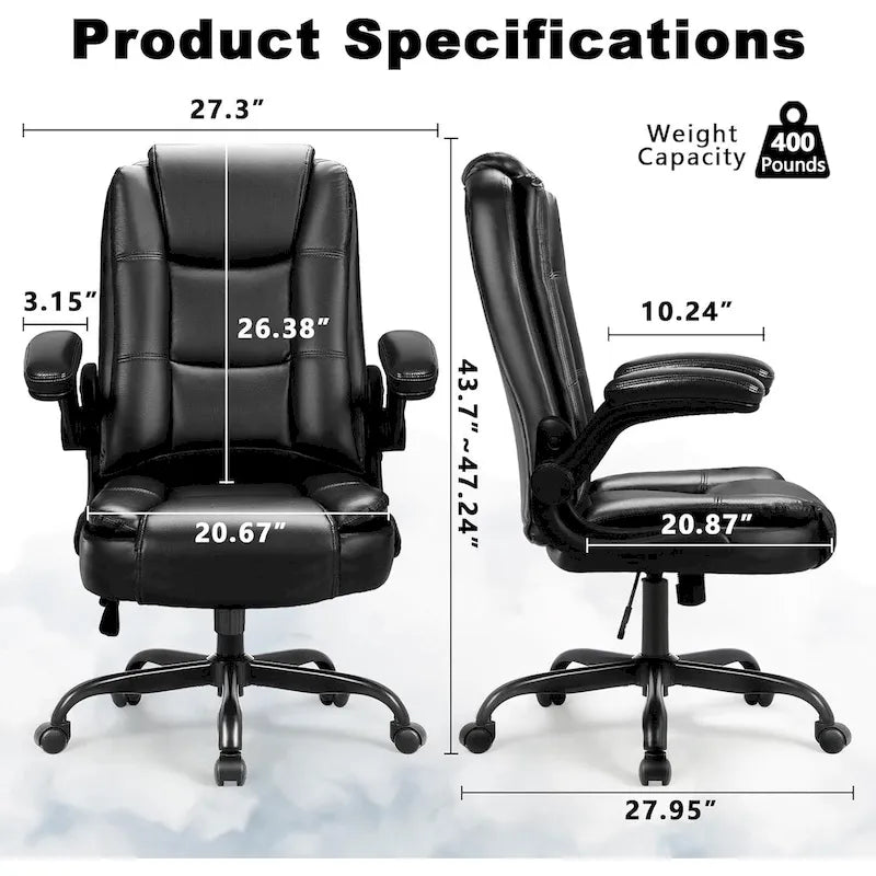 Fauteuil de bureau BOSSIN pour personnes de grande taille, ergonomique, à dossier haut, réglable en hauteur, en cuir, avec accoudoirs rembourrés et relevables.