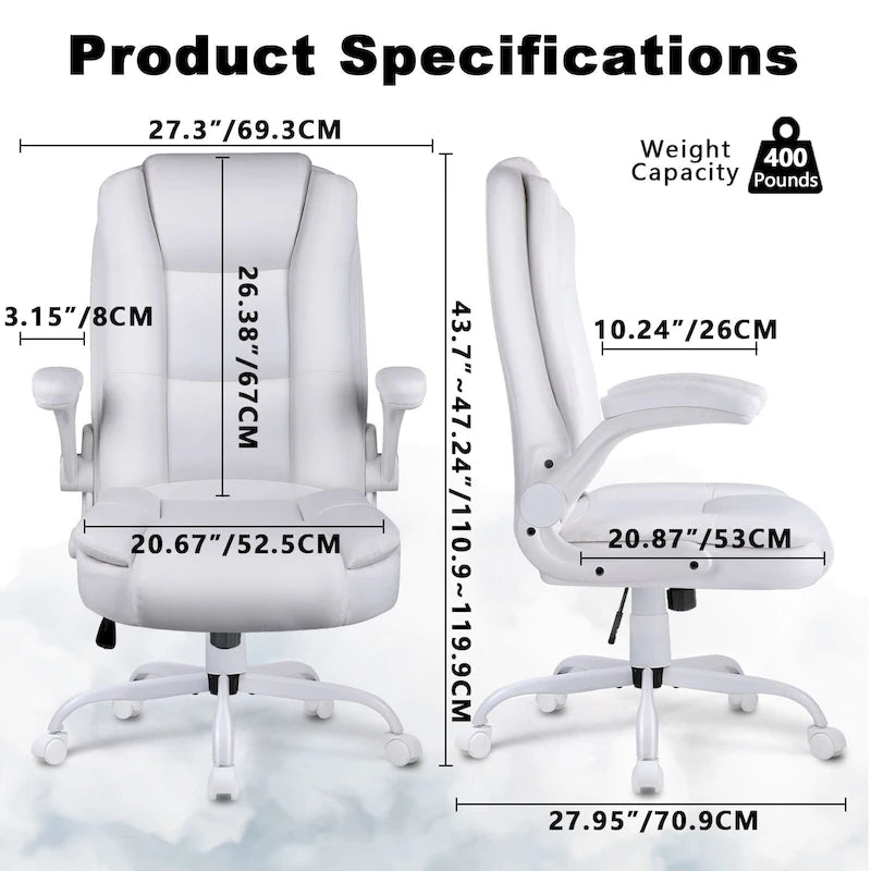 Fauteuil de bureau BOSSIN pour personnes de grande taille, ergonomique, à dossier haut, réglable en hauteur, en cuir, avec accoudoirs rembourrés et relevables.