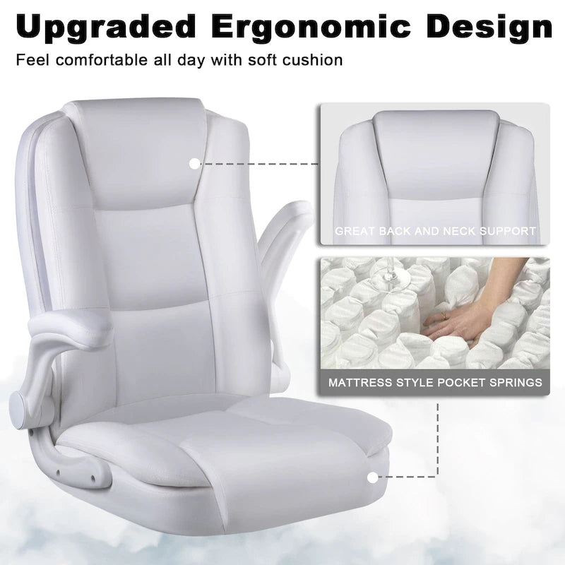 Fauteuil de bureau BOSSIN pour personnes de grande taille, ergonomique, à dossier haut, réglable en hauteur, en cuir, avec accoudoirs rembourrés et relevables.