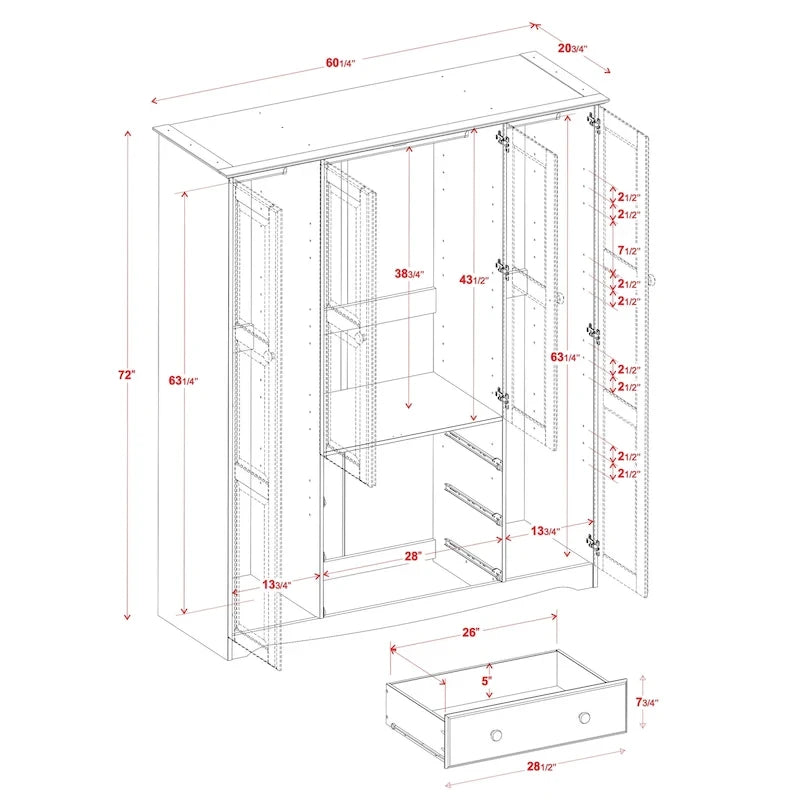 Armoire familiale 4 portes Palace Imports 100% bois massif avec poignées en métal ou en bois