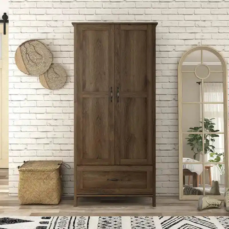 Armoire-penderie DH BASIC style rustique, finition noyer vieilli, double porte et 1 tiroir, par Denhour