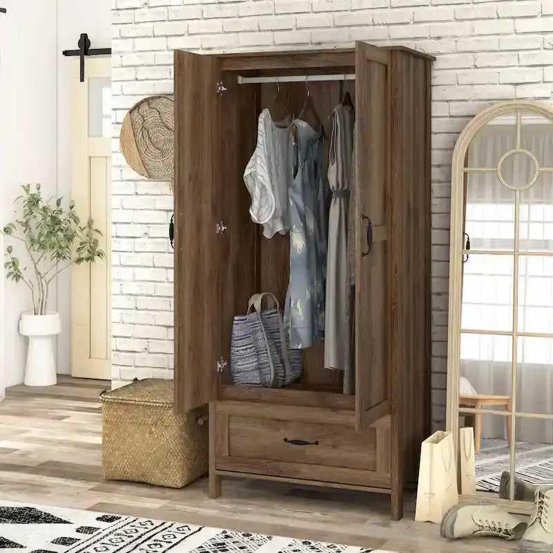 Armoire-penderie DH BASIC style rustique, finition noyer vieilli, double porte et 1 tiroir, par Denhour