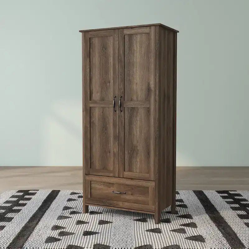 Armoire-penderie DH BASIC style rustique, finition noyer vieilli, double porte et 1 tiroir, par Denhour