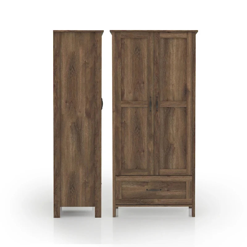 Armoire-penderie DH BASIC style rustique, finition noyer vieilli, double porte et 1 tiroir, par Denhour