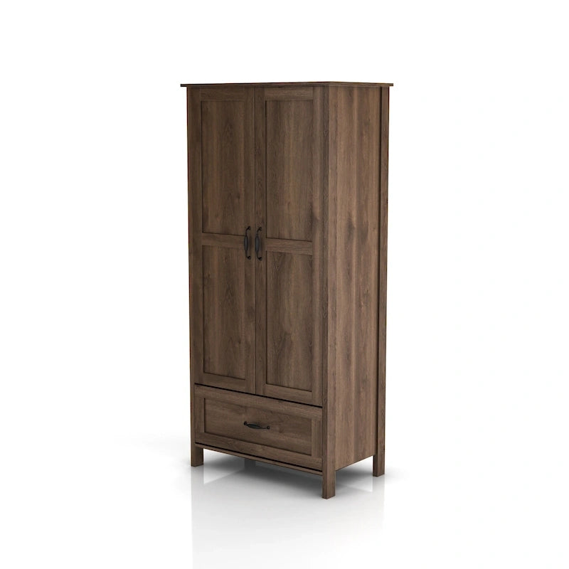 Armoire-penderie DH BASIC style rustique, finition noyer vieilli, double porte et 1 tiroir, par Denhour