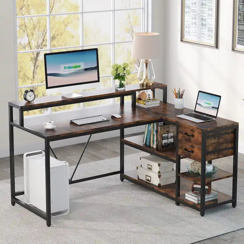 Bureau en L avec tiroir, bureau d'angle pour bureau à domicile avec étagères de rangement et support pour écran, bureau PC rustique pour petits espaces