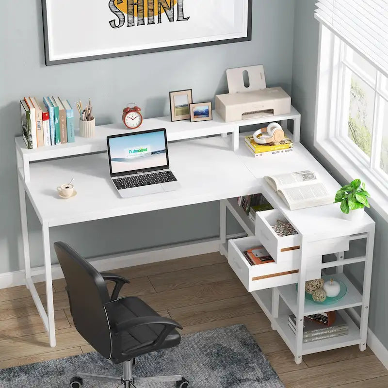 Bureau en L avec tiroir, bureau d'angle pour bureau à domicile avec étagères de rangement et support pour écran, bureau PC rustique pour petits espaces