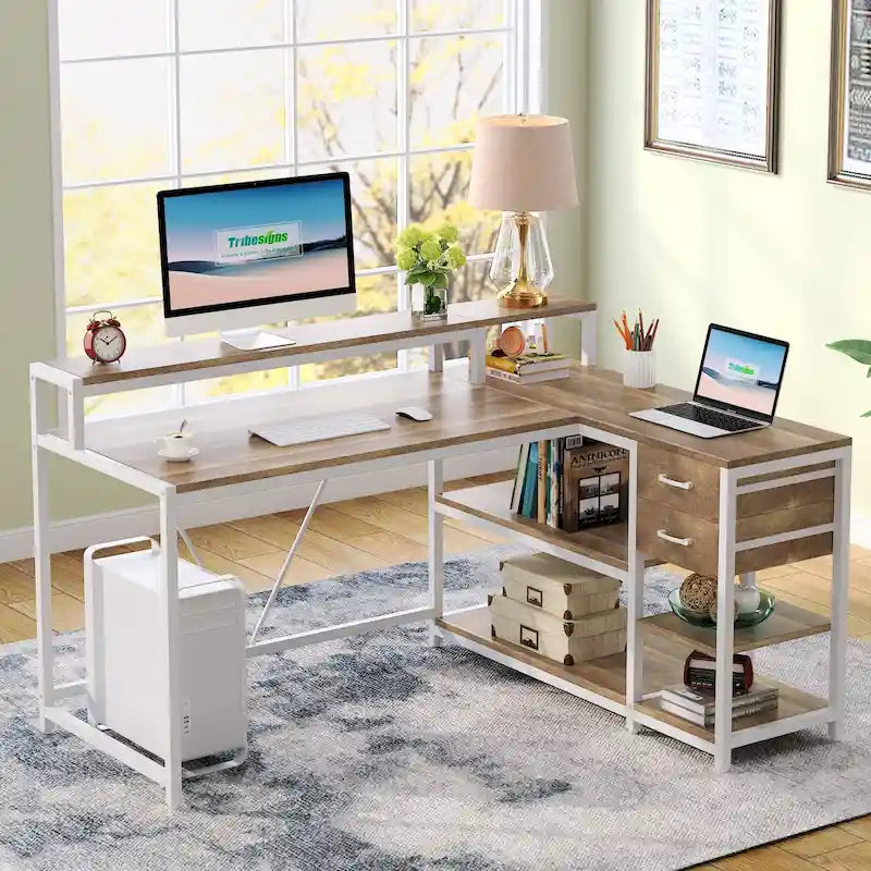 Bureau en L avec tiroir, bureau d'angle pour bureau à domicile avec étagères de rangement et support pour écran, bureau PC rustique pour petits espaces