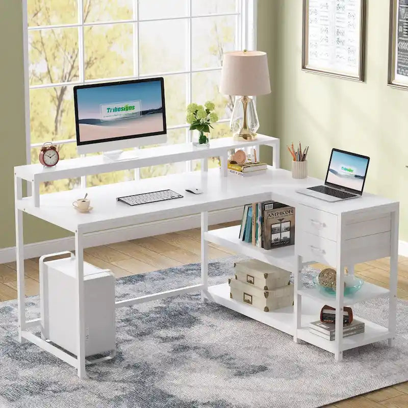 Bureau en L avec tiroir, bureau d'angle pour bureau à domicile avec étagères de rangement et support pour écran, bureau PC rustique pour petits espaces