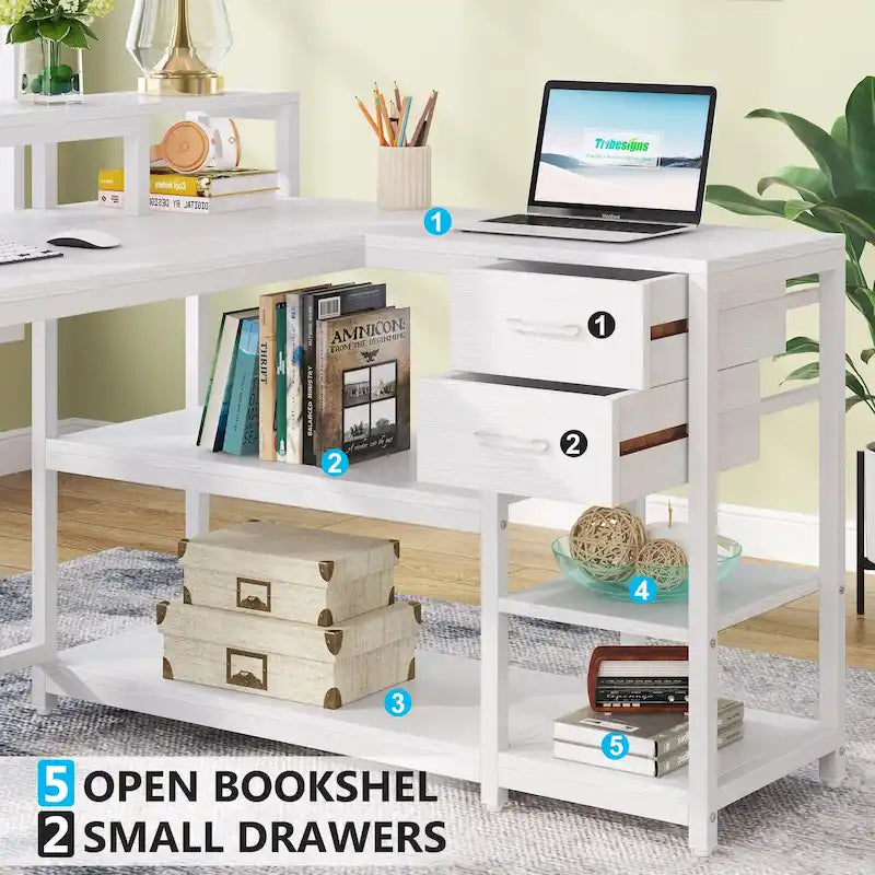Bureau en L avec tiroir, bureau d'angle pour bureau à domicile avec étagères de rangement et support pour écran, bureau PC rustique pour petits espaces