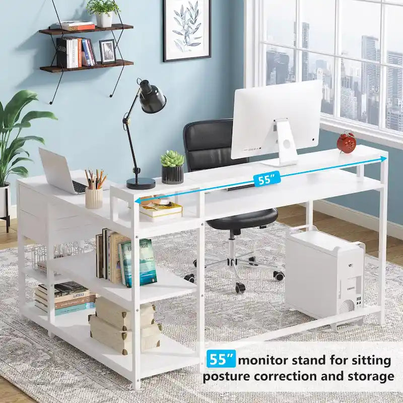 Bureau en L avec tiroir, bureau d'angle pour bureau à domicile avec étagères de rangement et support pour écran, bureau PC rustique pour petits espaces