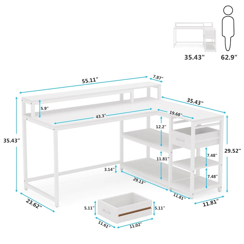 Bureau en L avec tiroir, bureau d'angle pour bureau à domicile avec étagères de rangement et support pour écran, bureau PC rustique pour petits espaces