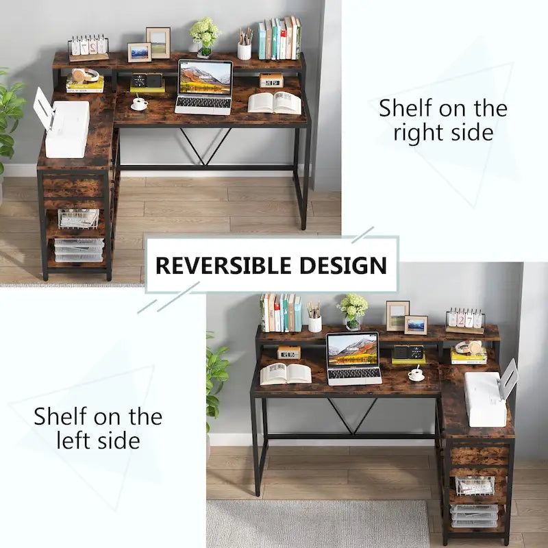 Bureau en L avec tiroir, bureau d'angle pour bureau à domicile avec étagères de rangement et support pour écran, bureau PC rustique pour petits espaces