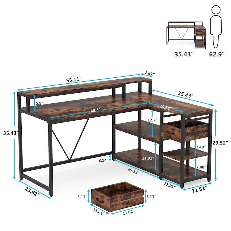 Bureau en L avec tiroir, bureau d'angle pour bureau à domicile avec étagères de rangement et support pour écran, bureau PC rustique pour petits espaces