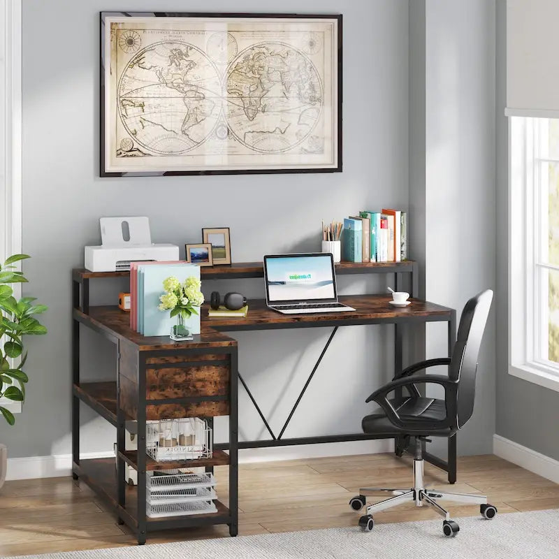 Bureau en L avec tiroir, bureau d'angle pour bureau à domicile avec étagères de rangement et support pour écran, bureau PC rustique pour petits espaces