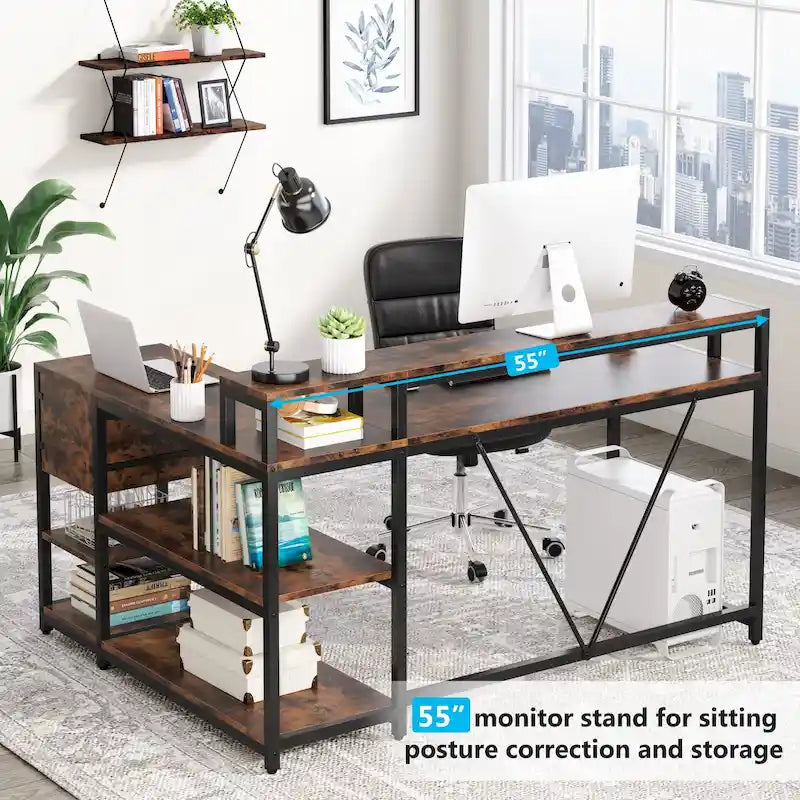 Bureau en L avec tiroir, bureau d'angle pour bureau à domicile avec étagères de rangement et support pour écran, bureau PC rustique pour petits espaces