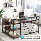 Bureau en L avec tiroir, bureau d'angle pour bureau à domicile avec étagères de rangement et support pour écran, bureau PC rustique pour petits espaces