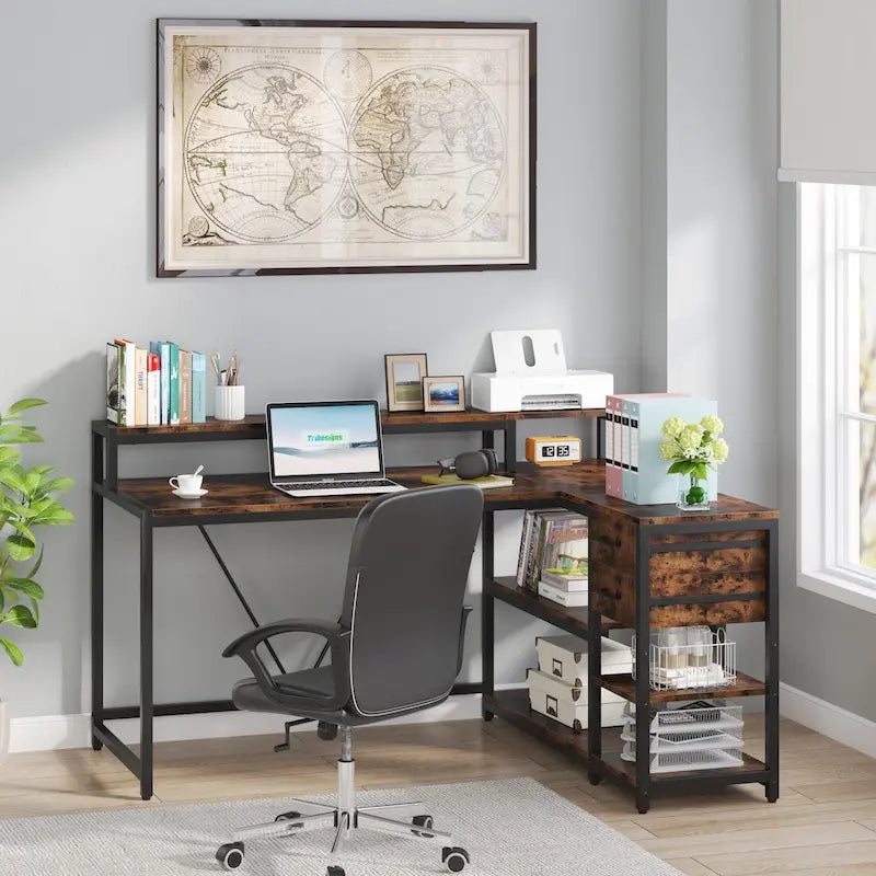 Bureau en L avec tiroir, bureau d'angle pour bureau à domicile avec étagères de rangement et support pour écran, bureau PC rustique pour petits espaces