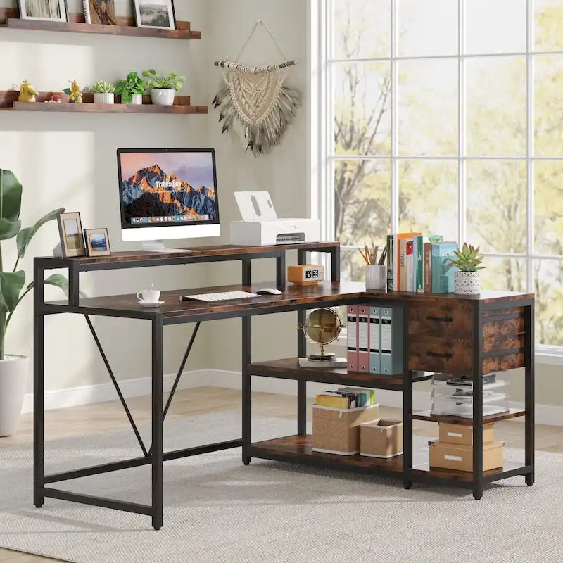 Bureau en L avec tiroir, bureau d'angle pour bureau à domicile avec étagères de rangement et support pour écran, bureau PC rustique pour petits espaces