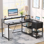 Bureau en L avec tiroir, bureau d'angle pour bureau à domicile avec étagères de rangement et support pour écran, bureau PC rustique pour petits espaces