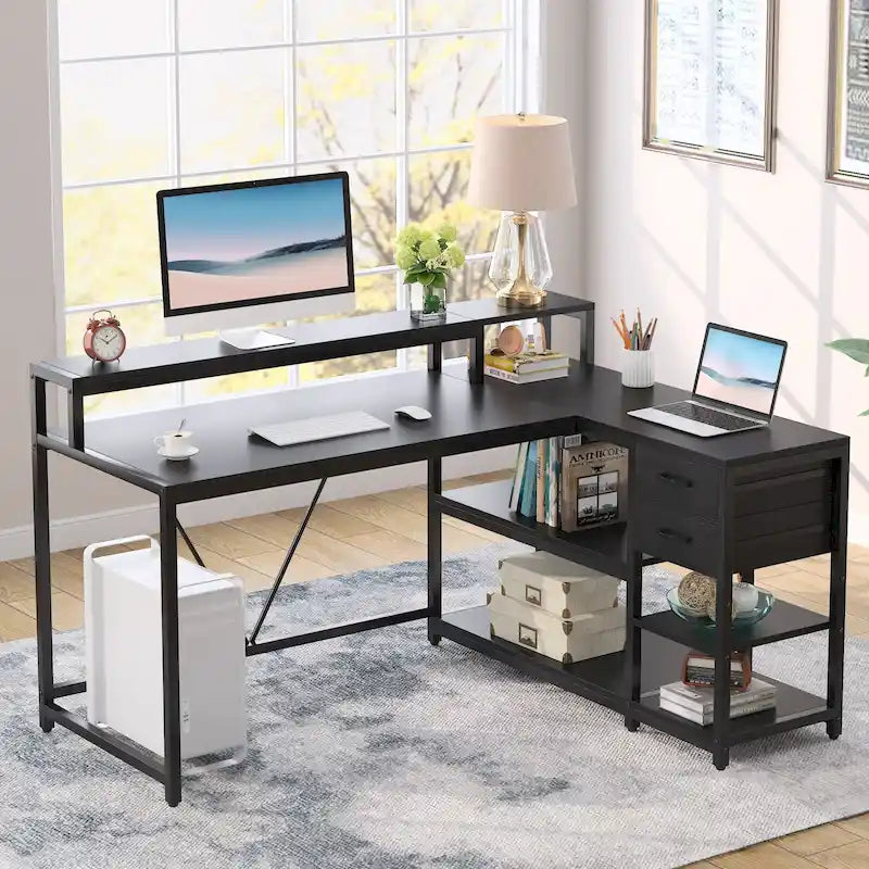 Bureau en L avec tiroir, bureau d'angle pour bureau à domicile avec étagères de rangement et support pour écran, bureau PC rustique pour petits espaces