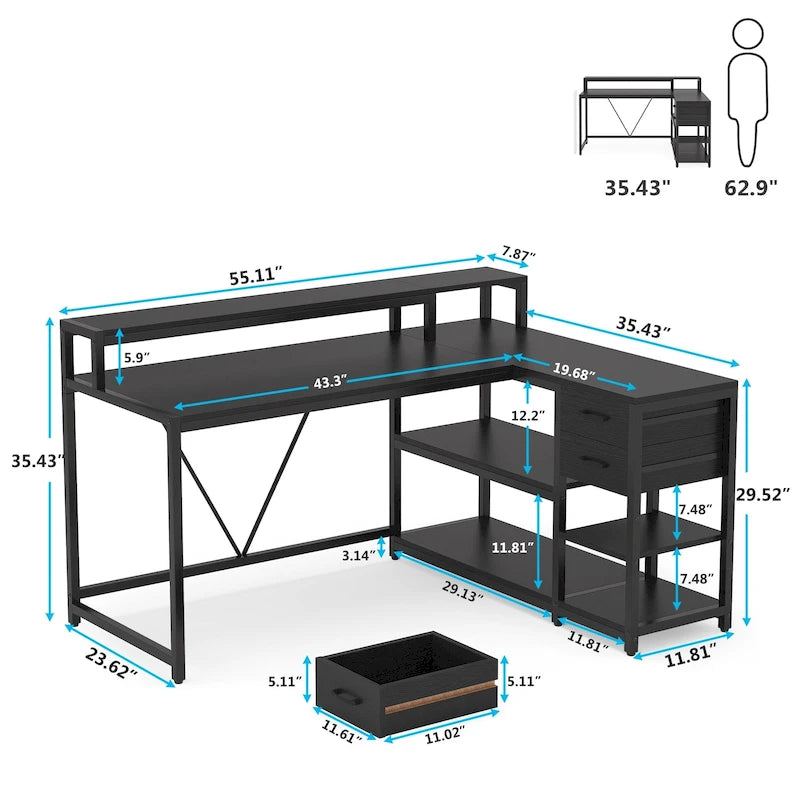 Bureau en L avec tiroir, bureau d'angle pour bureau à domicile avec étagères de rangement et support pour écran, bureau PC rustique pour petits espaces