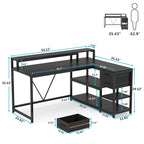 Bureau en L avec tiroir, bureau d'angle pour bureau à domicile avec étagères de rangement et support pour écran, bureau PC rustique pour petits espaces