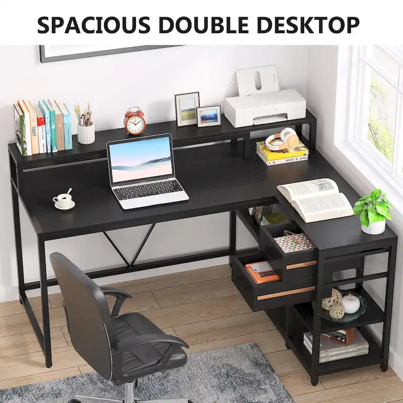 Bureau en L avec tiroir, bureau d'angle pour bureau à domicile avec étagères de rangement et support pour écran, bureau PC rustique pour petits espaces