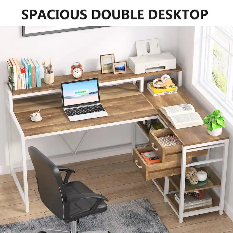 Bureau en L avec tiroir, bureau d'angle pour bureau à domicile avec étagères de rangement et support pour écran, bureau PC rustique pour petits espaces