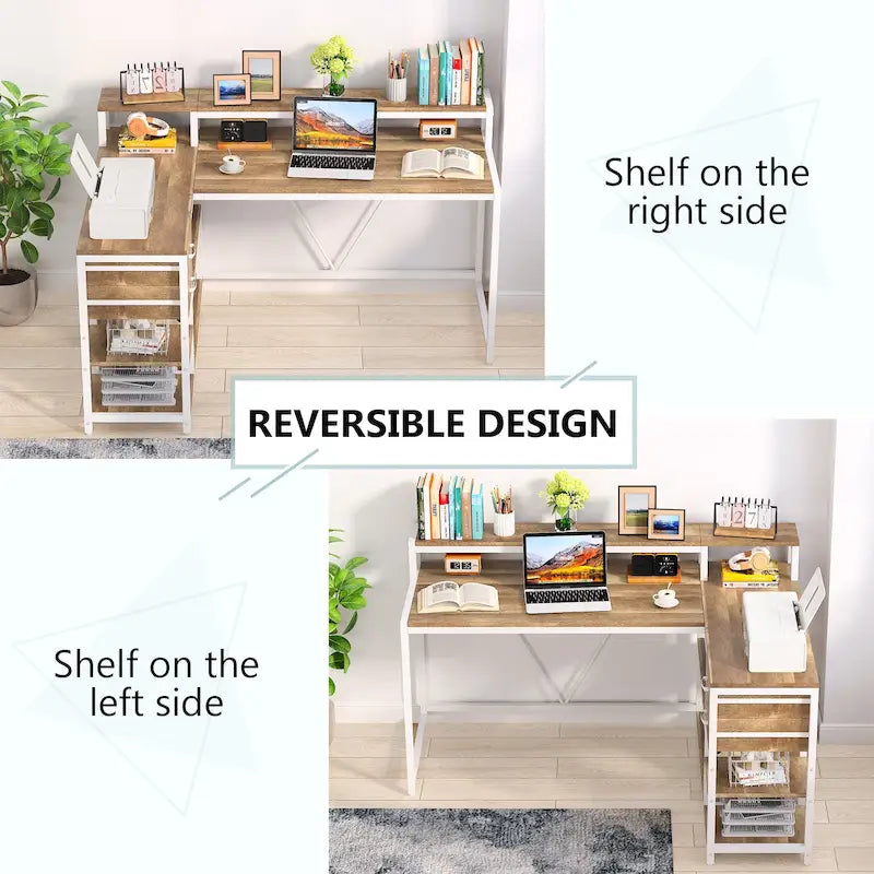 Bureau en L avec tiroir, bureau d'angle pour bureau à domicile avec étagères de rangement et support pour écran, bureau PC rustique pour petits espaces
