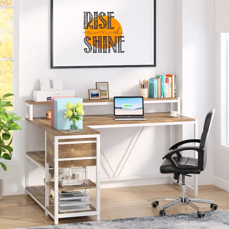 Bureau en L avec tiroir, bureau d'angle pour bureau à domicile avec étagères de rangement et support pour écran, bureau PC rustique pour petits espaces