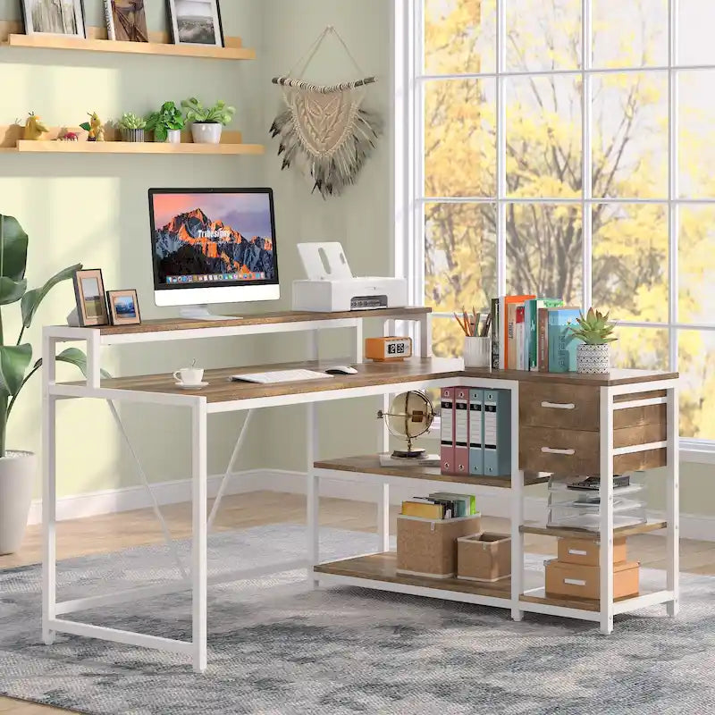 Bureau en L avec tiroir, bureau d'angle pour bureau à domicile avec étagères de rangement et support pour écran, bureau PC rustique pour petits espaces