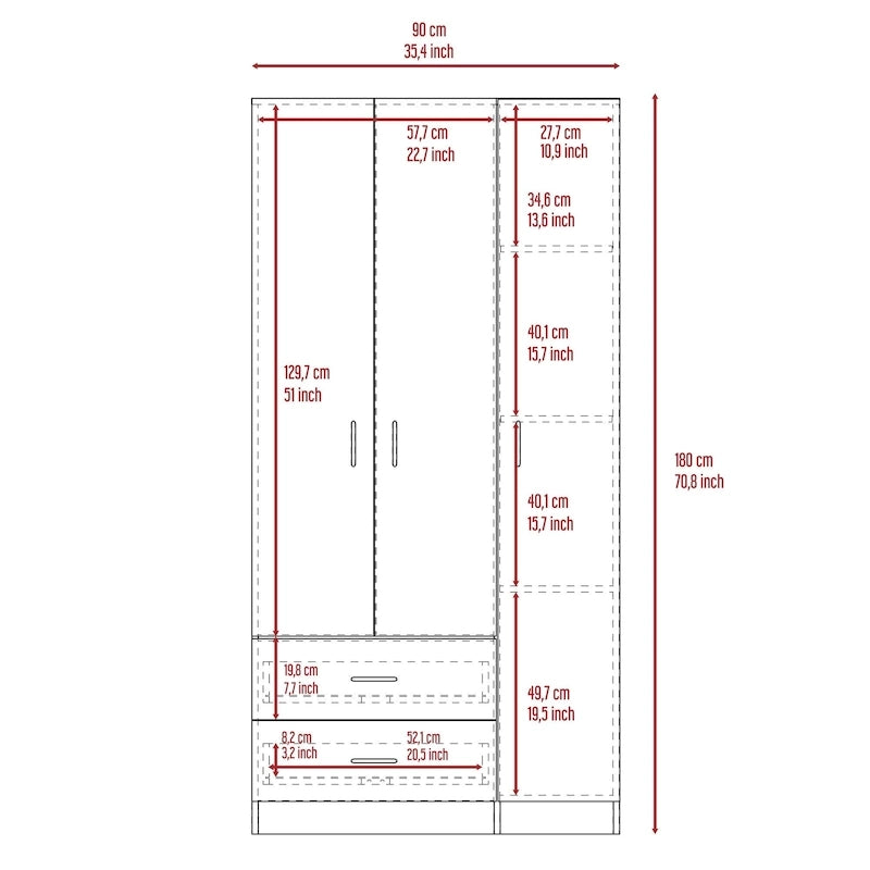 Armoire TUHOME Austral à 3 portes avec tiroirs, étagères et tringle - Non disponible