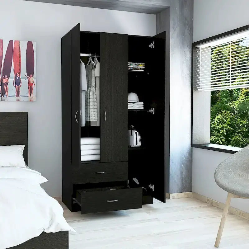 Armoire TUHOME Austral à 3 portes avec tiroirs, étagères et tringle - Non disponible