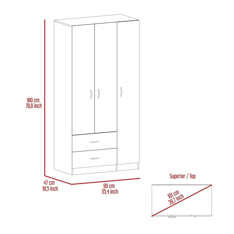 Armoire TUHOME Austral à 3 portes avec tiroirs, étagères et tringle - Non disponible